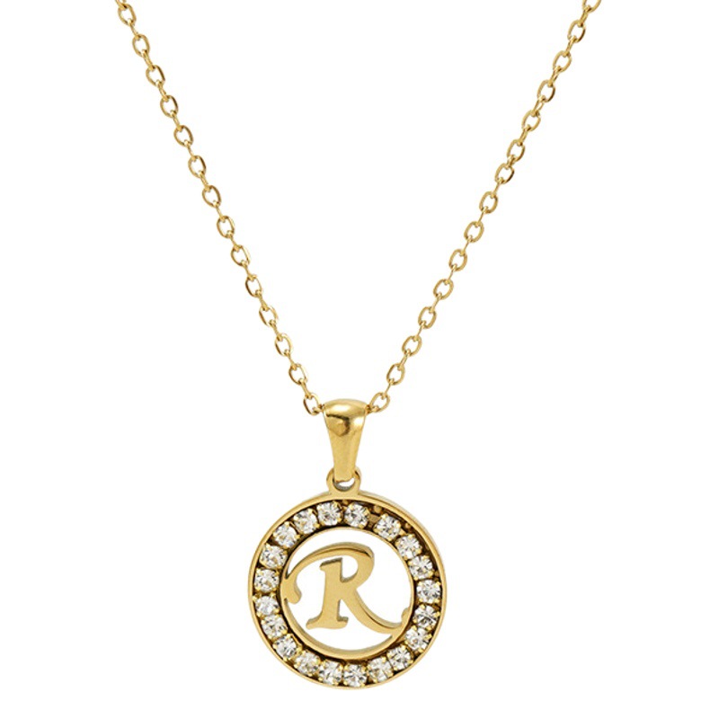 Nuevo 18K de acero inoxidable diamante incrustado 26 carta collar femenino transfronterizo europeo y americano de titanio de acero redondo carta colgante femenino