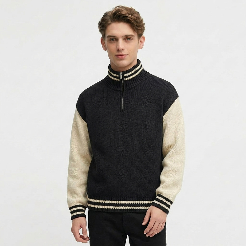Retro Half-High Collar Half-Zip Sweater for Men with Contrasting Color Raglan Sleeves, Loose and Lazy Style Top for Autumn and Winter Retro Half-High Collar Half-Zip Sweater for Men with Contrasting Color Raglan Sleeves, Loose and Lazy Style Top for Autumn and Winter