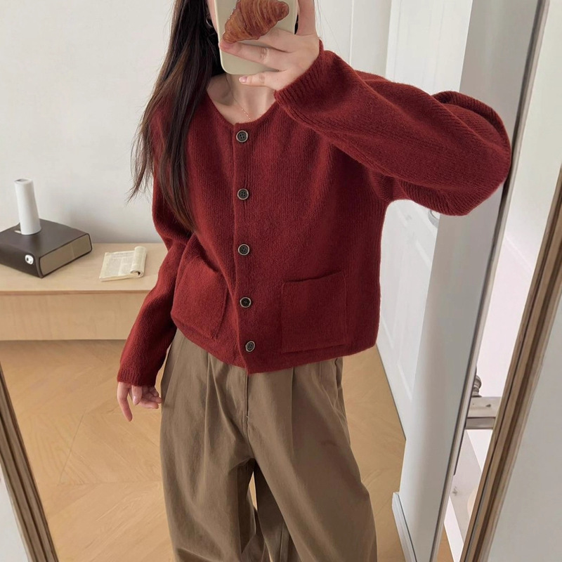 小个子简约双口袋针织开衫女2025秋新款韩版休闲百搭单排扣毛衣|undefined