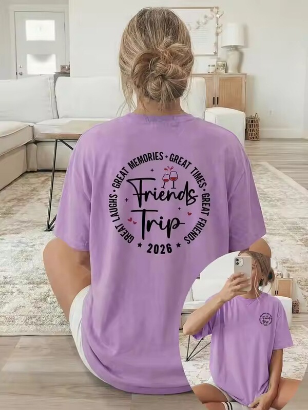 【Cross-Border European Size】Women's Short-Sleeve Round-Neck Casual T-Shirt with "Friends Journey 2026" Print in Apricot, Black, and Blue 【Cross-Border European Size】Women's Short-Sleeve Round-Neck Casual T-Shirt with "Friends Journey 2026" Print in Apricot, Black, and Blue
