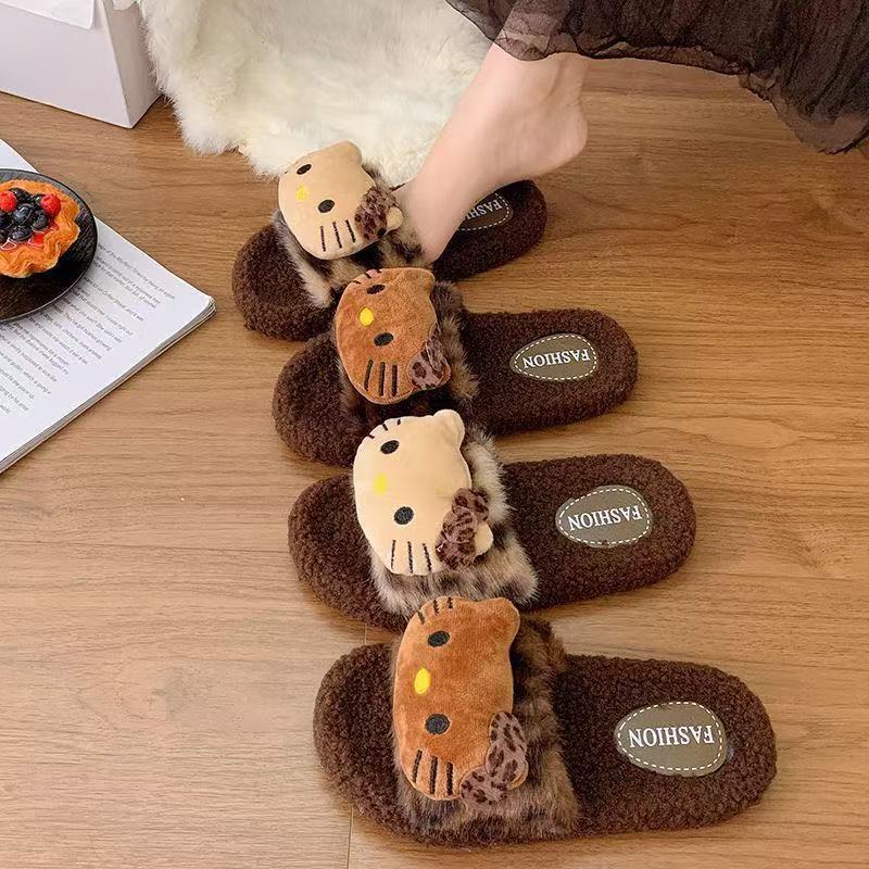 Leopard Print Hello Kitty 2025 Internet Celebrity Furry Slippers Women's Winter Non-Slip Cute Cartoon Home and Outdoor Cotton Slippers