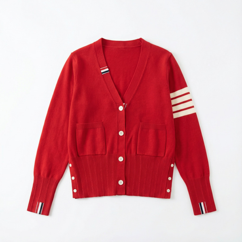 Designed Preppy Style Sweater Cardigan for Women with Ribbon Decoration, Double Flap Pocket Pants, V-Neck, Versatile Layered Knitted Jacket