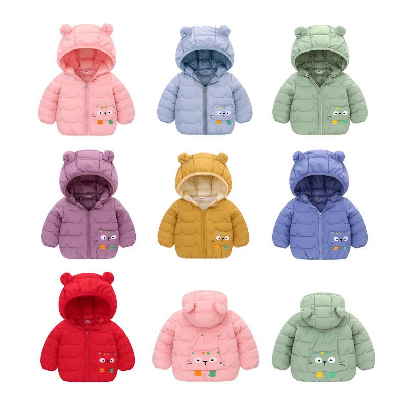 Otoño y invierno niños plumón ropa de algodón para niños pequeños y medianos niños dibujos animados con capuchón de oídos tipo chaqueta de algodón caliente