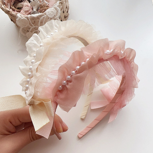 New Princess Style Lolita Style Sweet Pleated Mesh Pearl Children's Hairband Head Buckle Hairpin Hair Accessories