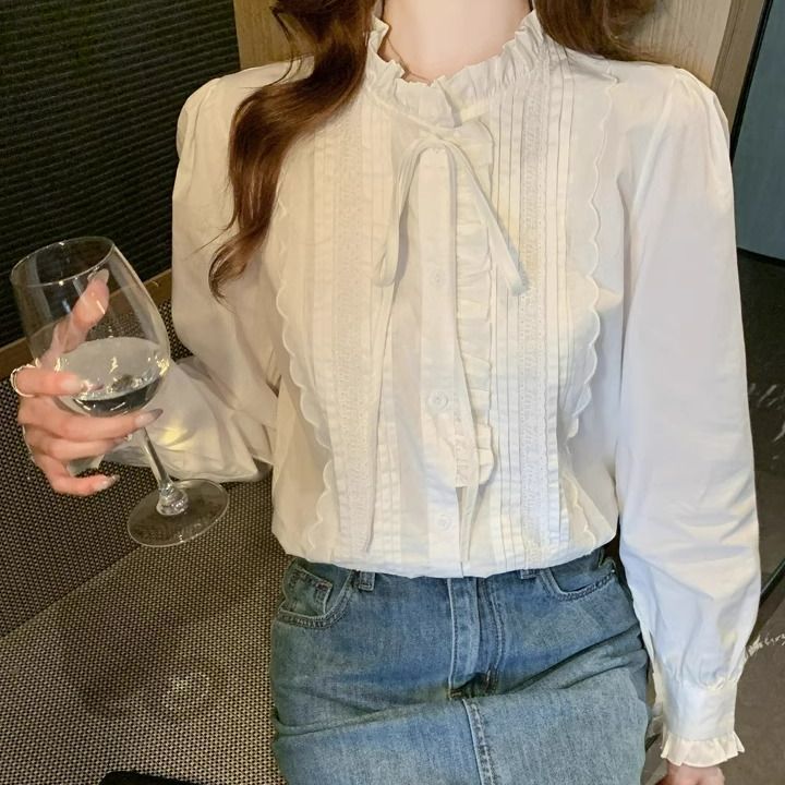 荷叶边纯棉衬衫长袖打底内搭早春秋冬季2025新款女士上衣法式气质|undefined