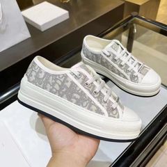 跨境D字母老花刺绣帆布鞋25新款厚底休闲增高小白鞋运动真皮板鞋