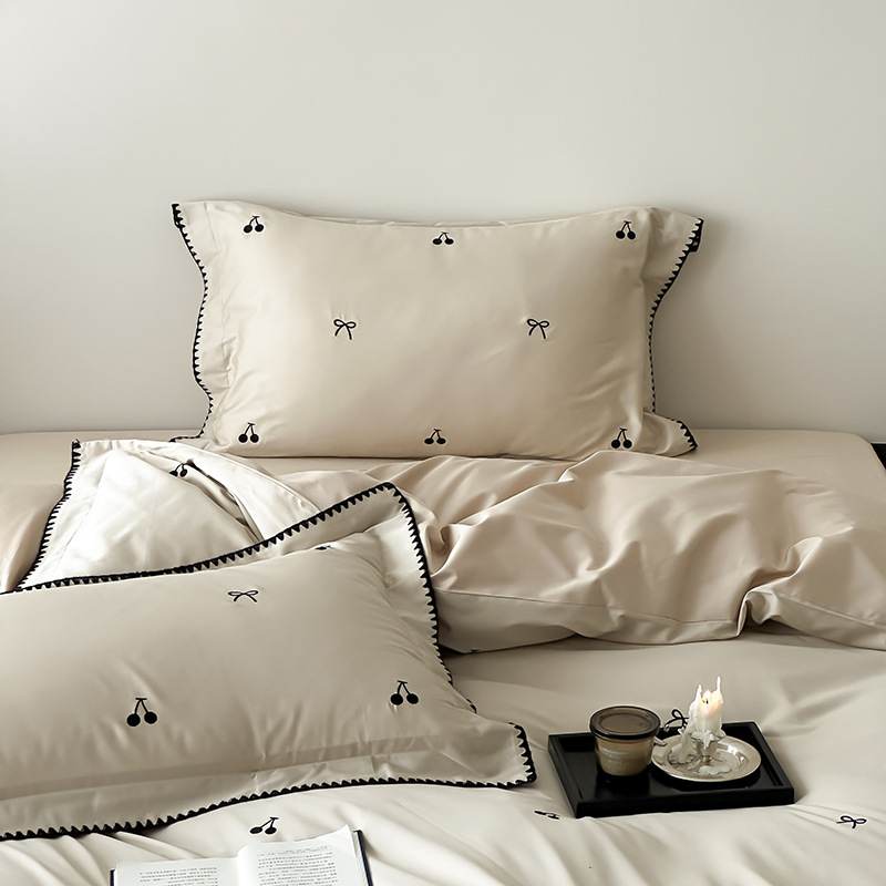 Set da quattro pezzi in raso australiano 100S, lenzuolo e copripiumino in puro cotone spazzolato, biancheria da letto con fiocco in stile francese interamente in cotone_voghion.com