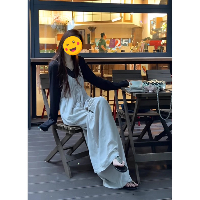 单件/慵懒风V领烟灰色长袖上衣设计感宽松遮肉显瘦垂感背带裤长裤|undefined