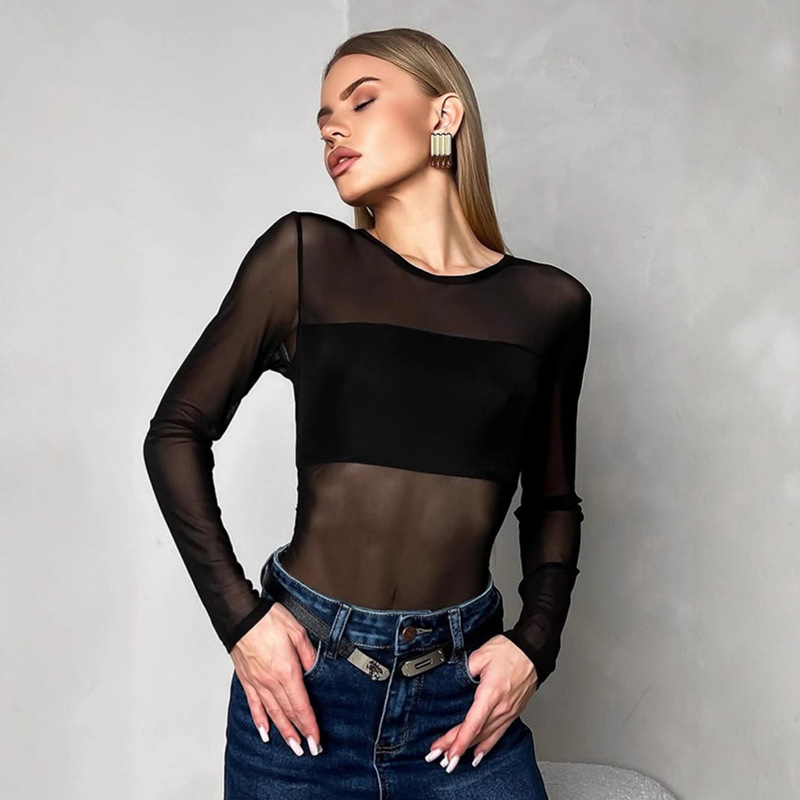 Sexy Hot Girl See-Through Black Mesh Bottoming Top Women's 2025 Winter High-End Inner Long-Sleeved T-Shirt Women's Clothing Sexy Hot Girl See-Through Black Mesh Bottoming Top Women's 2025 Winter High-End Inner Long-Sleeved T-Shirt Women's Clothing