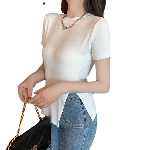 2025 Summer Trendy Slim Fit Side Slit Black Short Sleeve T-Shirt for Women - Unique and Fashionable Top