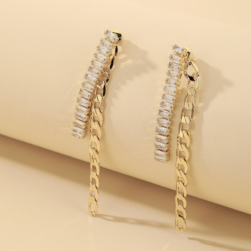 925 silver needle fashion metal chain zircon tassel earrings European and American simple temperamen