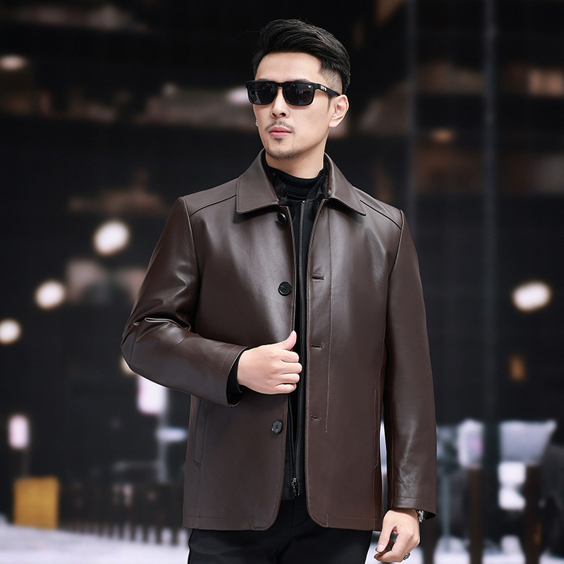 Haining Autumn and Winter New Men's Leather Down Jacket Sheepskin Lapel Middle-aged Jacket Removable Fur Collar Down Liner