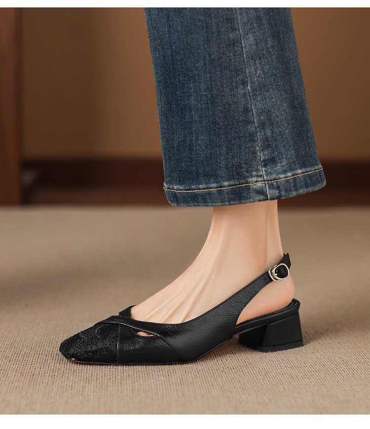 Sandal cao gót nữ hở mũi da cừu lưới phối màu quai ngang khóa — màu đen, màu trắng ngà chi tiết 20
