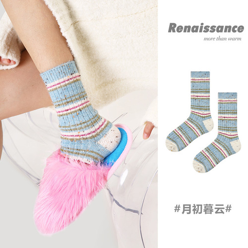 Renaissance Original Women's Socks: Korean-style Girlish Striped Mid-Calf Wool Socks – Winter Edition, Thick & Warm Alpaca Socks for Women