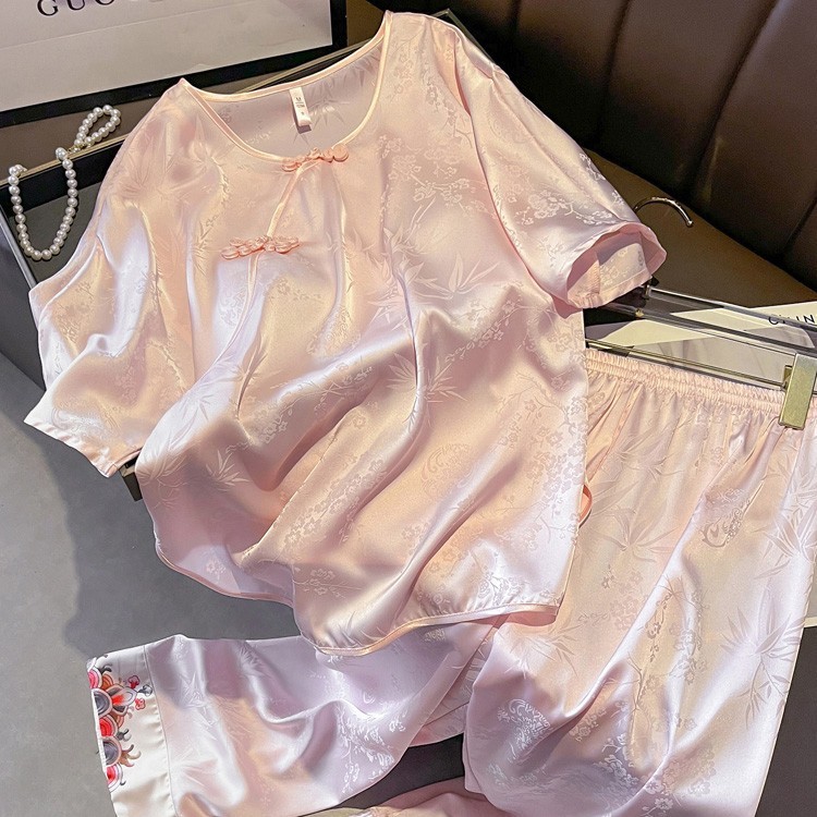 新中式国风真丝睡衣女春秋款长短袖桑蚕丝家居服套装带胸垫夏|undefined