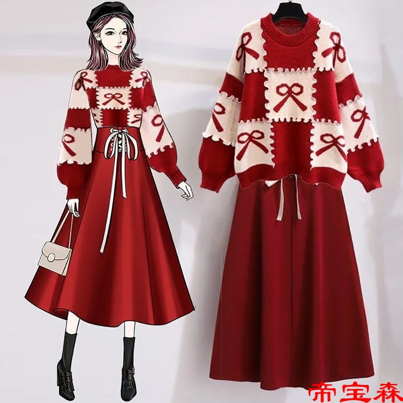 大碼女裝2022秋季新款紅色慵懶風寬松百搭針織毛衣半身裙兩件套裝