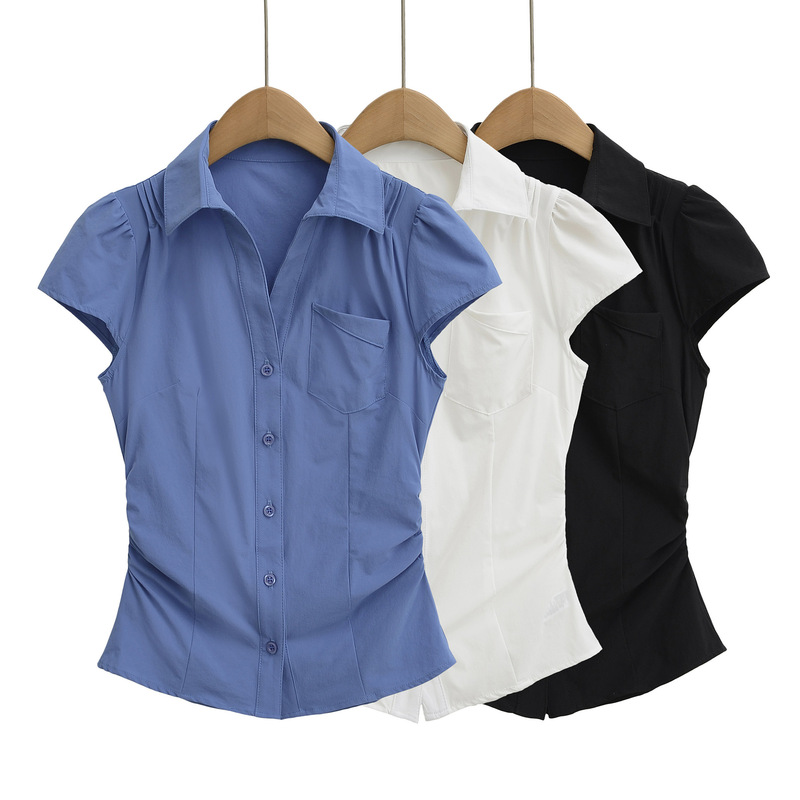 College-Style Spicy Girl Slim-Fit Short-Sleeve Shirt for Women, Pleated Slim-Fit Short Top, Summer Blouse, New Model College-Style Spicy Girl Slim-Fit Short-Sleeve Shirt for Women, Pleated Slim-Fit Short Top, Summer Blouse, New Model