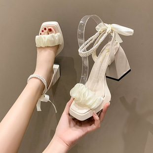 Mesh High Heels Women's Summer 2025 New Arrival Medium-Heeled Crystal French Fairy Pearl Roman Sandals Ins