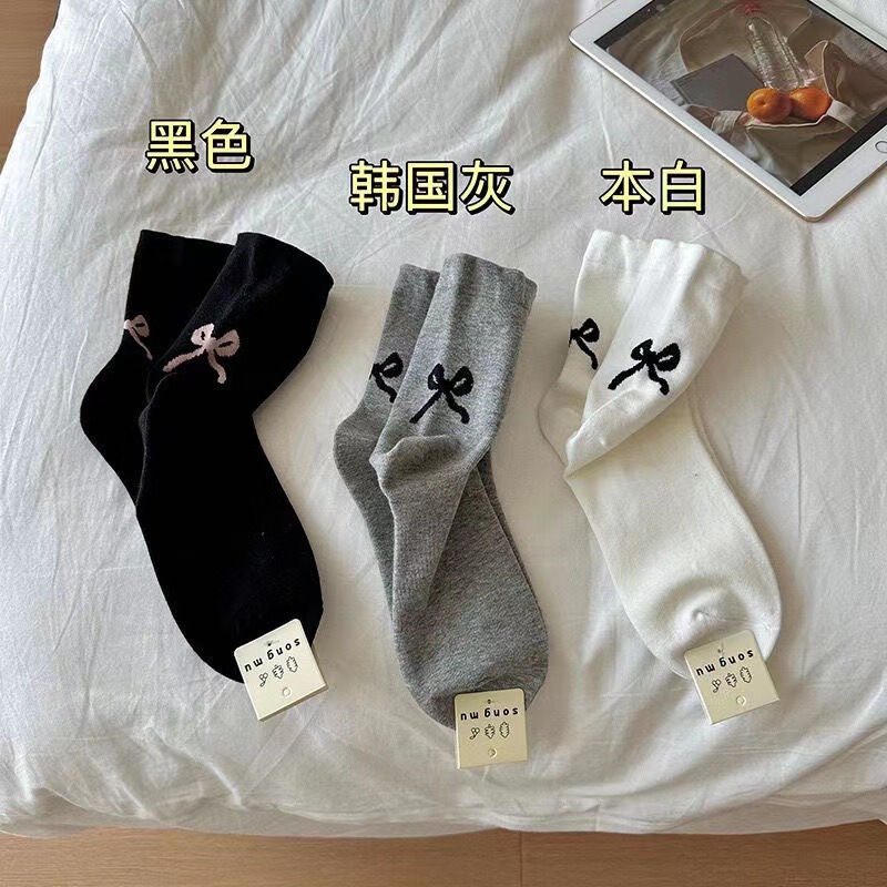 纯欲风"后跟蝴蝶结袜子女中筒袜春季新品韩版ins堆堆袜搭配小皮鞋|undefined