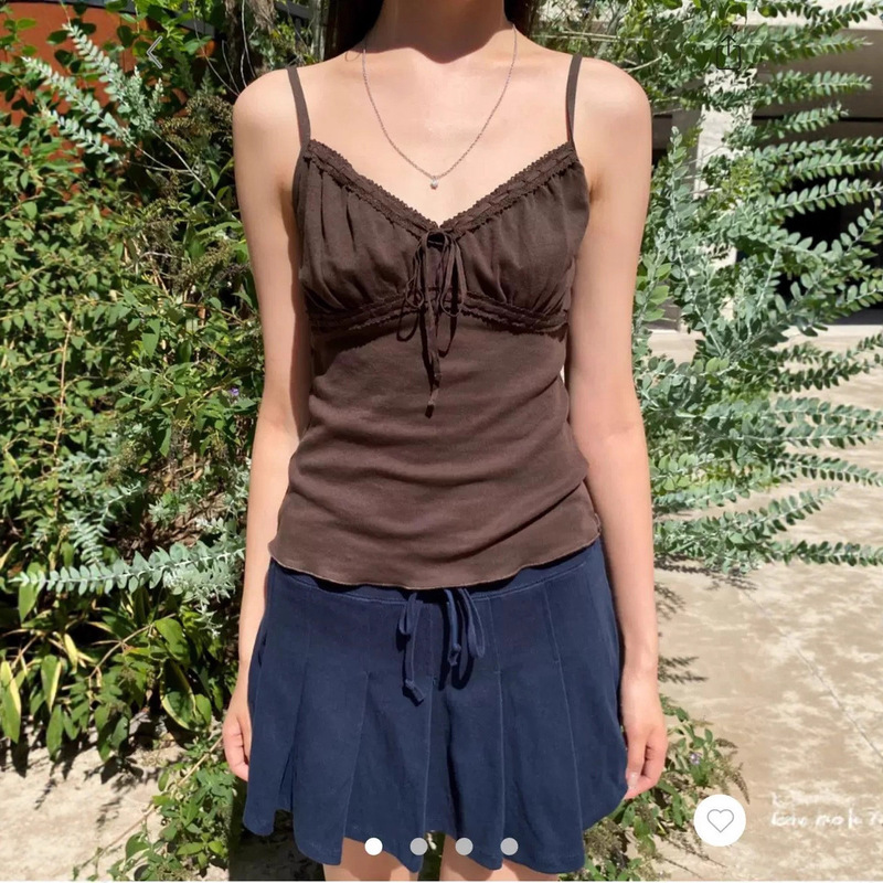 Bm Style Beautiful Brown Lace-Up Camisole for Women, Versatile Slim-Fit Inner Top