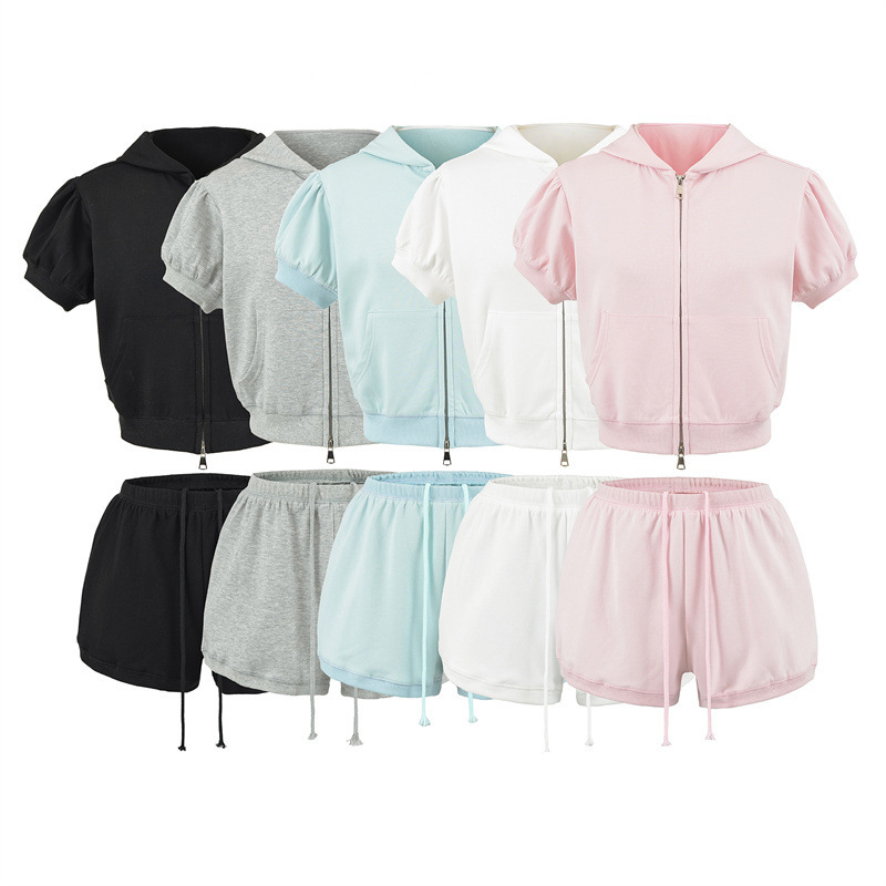 Girly Style Casual Fashion Sports Suit Hooded Zipper Short-Sleeved Sweatshirt Cardigan Top Elastic Waist Drawstring Shorts