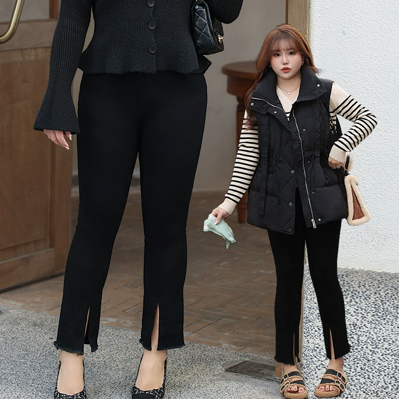 Тонкие эластичные маленькие черные брюки с разрезом, увлажняющие брюки N7502 больших размеров, приталенные микро-джинсы с разрезом