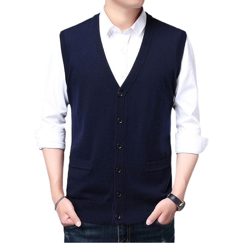 Middle-aged Wool Vest Men's Cardigan Fashion Casual Knitted Inner Daddy Vest Top Sweater Vest Men's