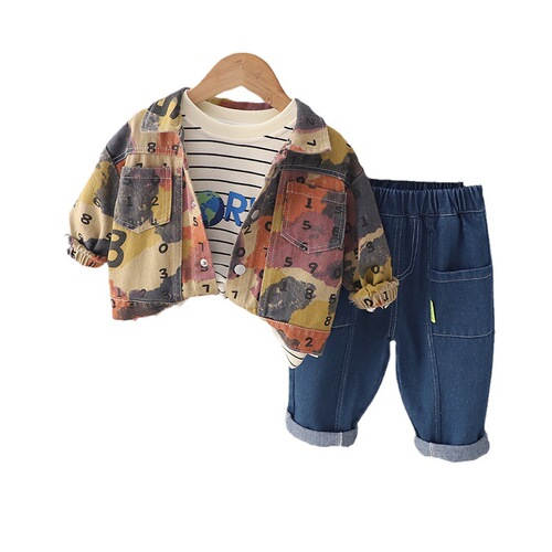  Children's Autumn Set Arabic Numerals Three-Piece Set for Boys, Round Neck Shirt and Pants - Factory Wholesale