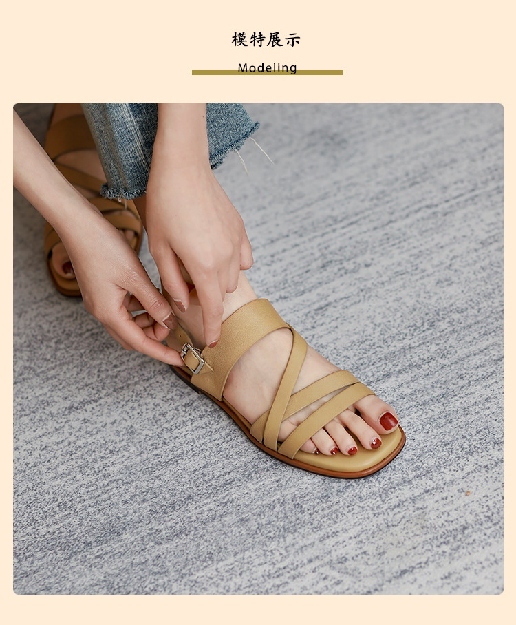 Sandal nữ quai ngang mảnh hở mũi đế bệt phong cách La Mã — Màu be chi tiết 5