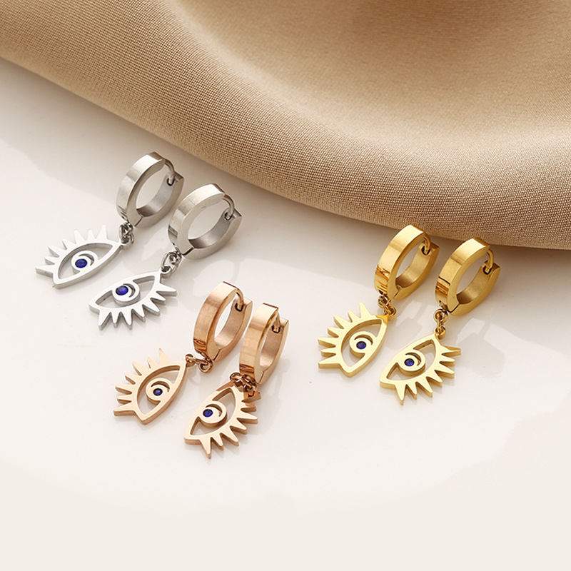 Retro Geometric Eye Titanium Steel Inlay Rhinestones Drop Earrings 1 Pair