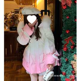 D6C设计感渐变仿狐狸毛领连帽羽绒棉服中长款图片色