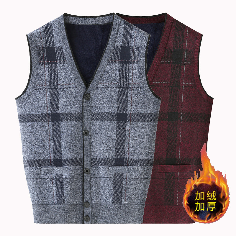 Men's Sweater Vest for Middle-Aged and Elderly Dads, Autumn and Winter Plaid V-Neck Button Cardigan, Large Size Vest with Fleece Lining for Warmth