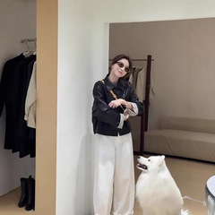 美式复古翻领皮衣外套女2025秋季新款百搭休闲设计感拼接格子上衣