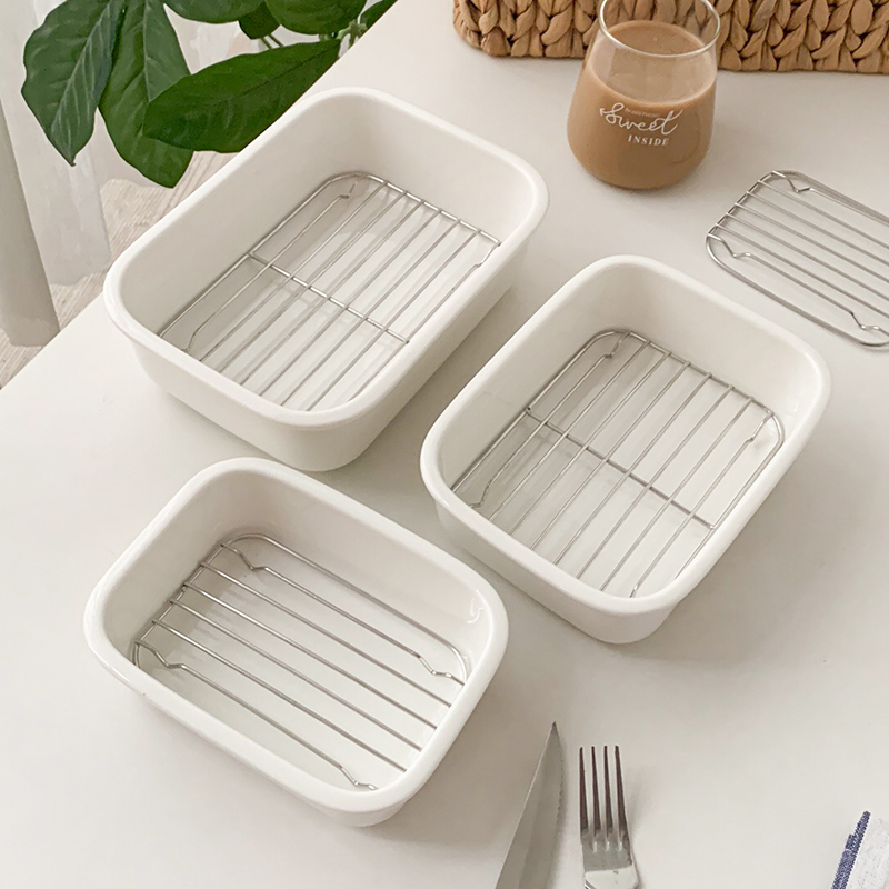 I6CV Baking Dish Drain Rack Ceramic Plate Oven Use Korean Ins Steamer Steamer Pan Baking Tray Cheese Baking