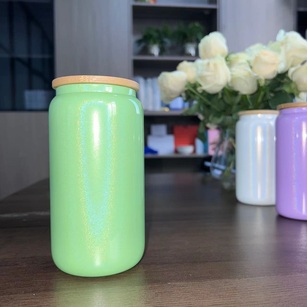 16oz comercio exterior gradiente de color de sublimación de vidrio electrochapado camaleón fluorescente arco iris pintura vidrio taza de agua taza de masón