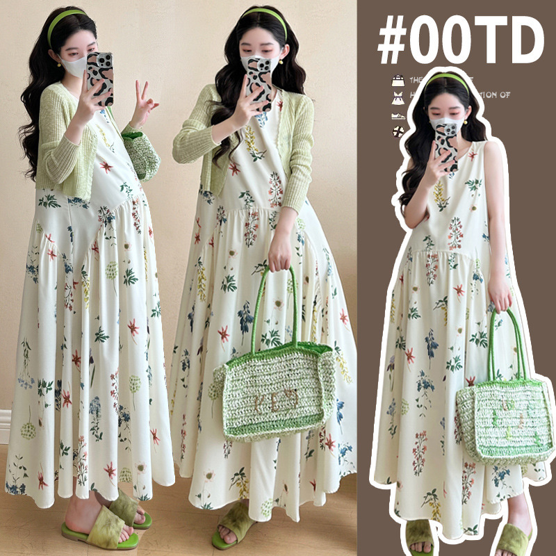 Summer New Maternity Dress Loose Floral dress Vacation Vacation Vacation Skirt Shawl Coat High-grade suit