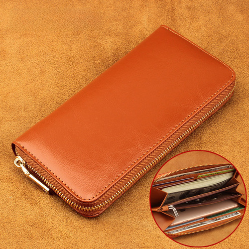 Cross-border exclusive waxed cowhide women's wallet genuine leather long zipper men's money clip Amazon Japan