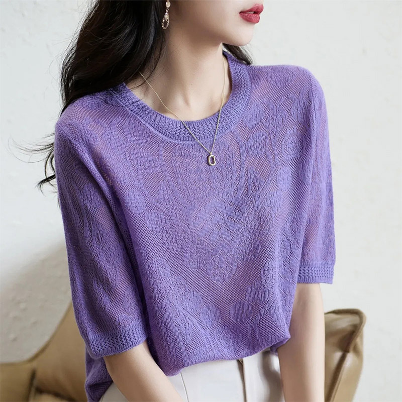 French Outlet Clearance Women's Brand Discount Jacquard Elegant Short-Sleeve Ice Silk Knit T-Shirt Top for Women