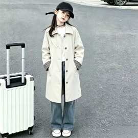 女童米白色拼格子风衣春秋款2026新款大童女孩秋装百搭中大童外套