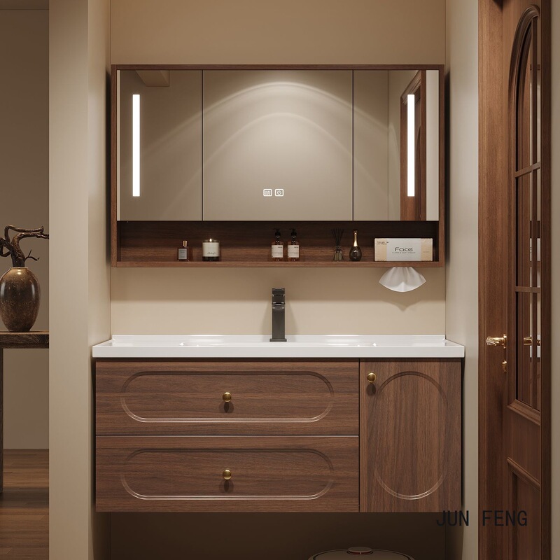 Ancient-Style Chinese Walnut Smart Solid Wood Bathroom Cabinet Set with Integrated Ceramic Washbasin Ancient-Style Chinese Walnut Smart Solid Wood Bathroom Cabinet Set with Integrated Ceramic Washbasin
