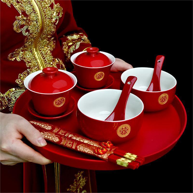 结婚敬茶杯碗筷套装婚礼改口陪嫁红色茶具敬酒喜碗一对婚庆用品|undefined