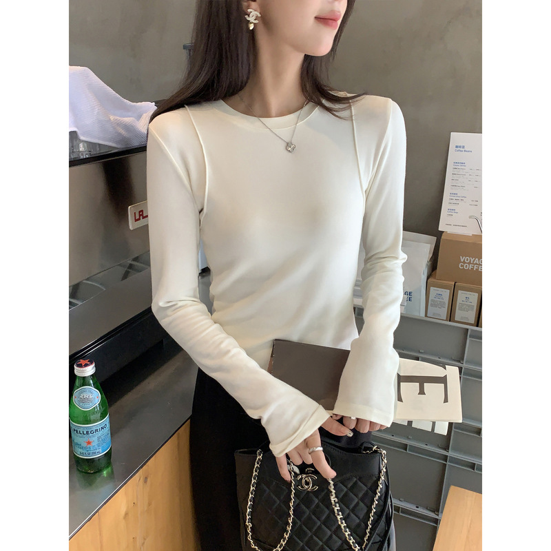 2499# 阿一 云朵分割线条 设计感显瘦打底衫内搭修身白色长袖上衣|undefined