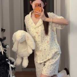 100% 婴儿棉蝴蝶结小熊睡衣女夏蕾丝边可外穿短袖短裤家居服
