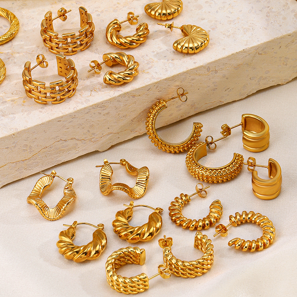 Ear Studs Classification 1 Pair Quantity Daily Occasion PVD Coated 18K Gold Plated C Shape 304 Stainless Steel Retro Simple Style Waterproof Non Tarnish Ear Studs