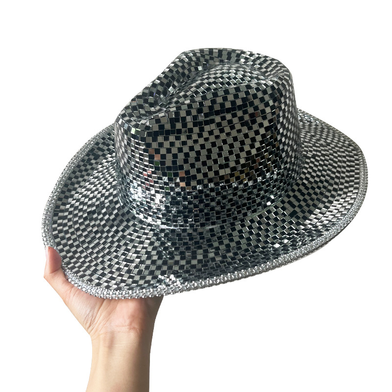 Disco espejo láser sombrero de vaquero fiesta fiesta de baile con lentejuelas sombrero occidental transfronterizo reflectante sombrero de rendimiento rosa plateado