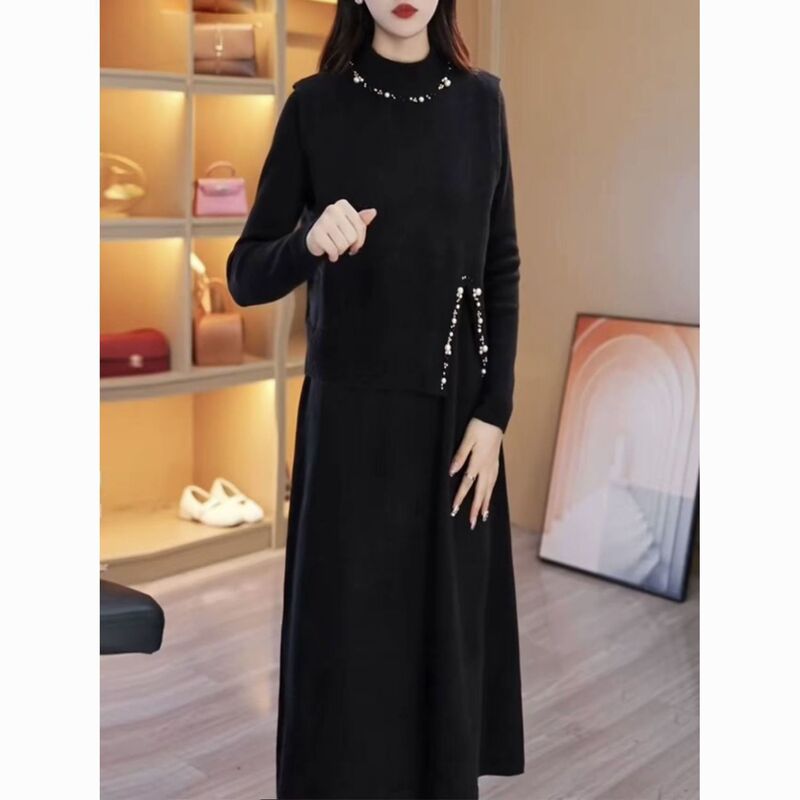 Thickened Vest Two-Piece Set for Mothers 2025 Autumn and Winter New Lady Knitted Sweater Suit Skirt Dress for Women