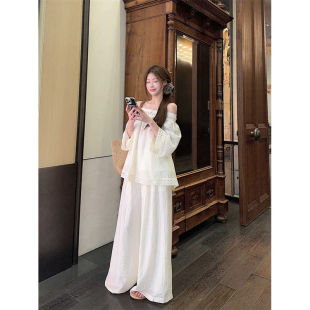 One-Shoulder Off-White Hollow Long-Sleeved Shirt Women's Spring Design Suit Drapey Casual Wide-Leg Pants Two-Piece Set