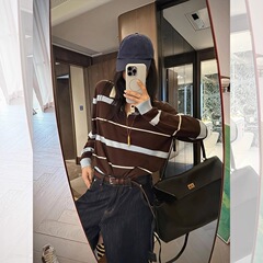 韩系撞色条纹polo领翻领单穿上衣女夏季独特绝美小香风长袖针织衫