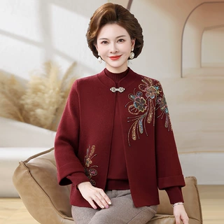 本命年妈妈秋装针织开衫两件套中老年女毛衣外套喜婆婆结婚宴礼服