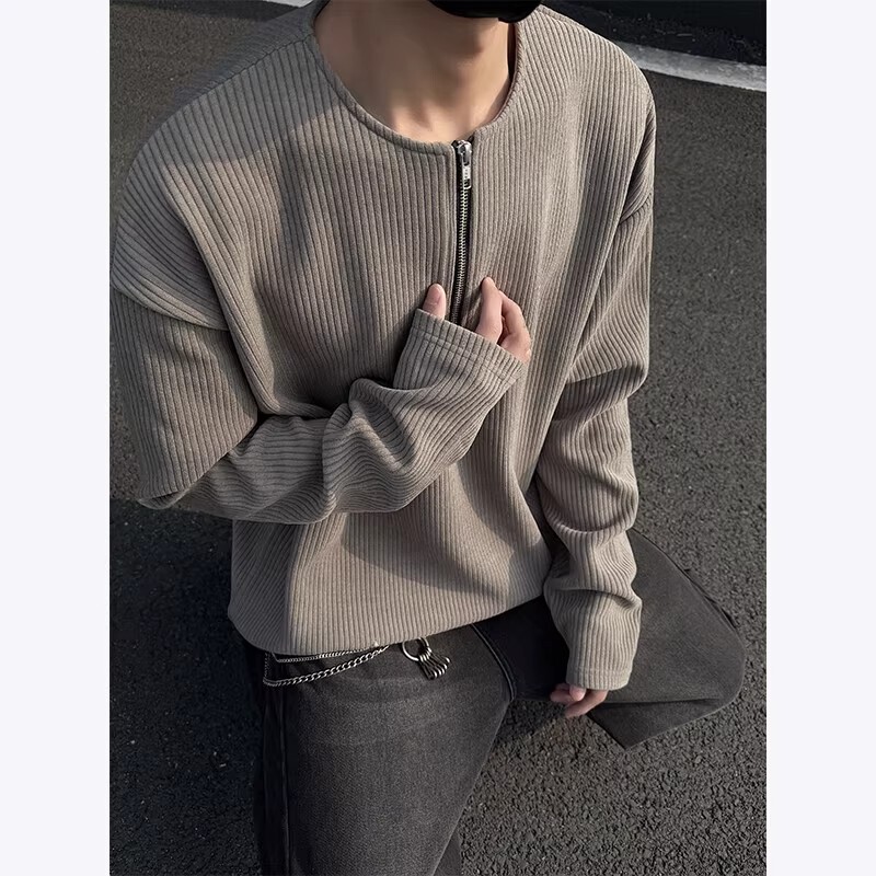 Textured Ribbed Half-Zip Sweatshirt for Men, 2025 Spring and Autumn New Heavyweight Long-Sleeve T-Shirt, Trendy Brand Loose Jacket